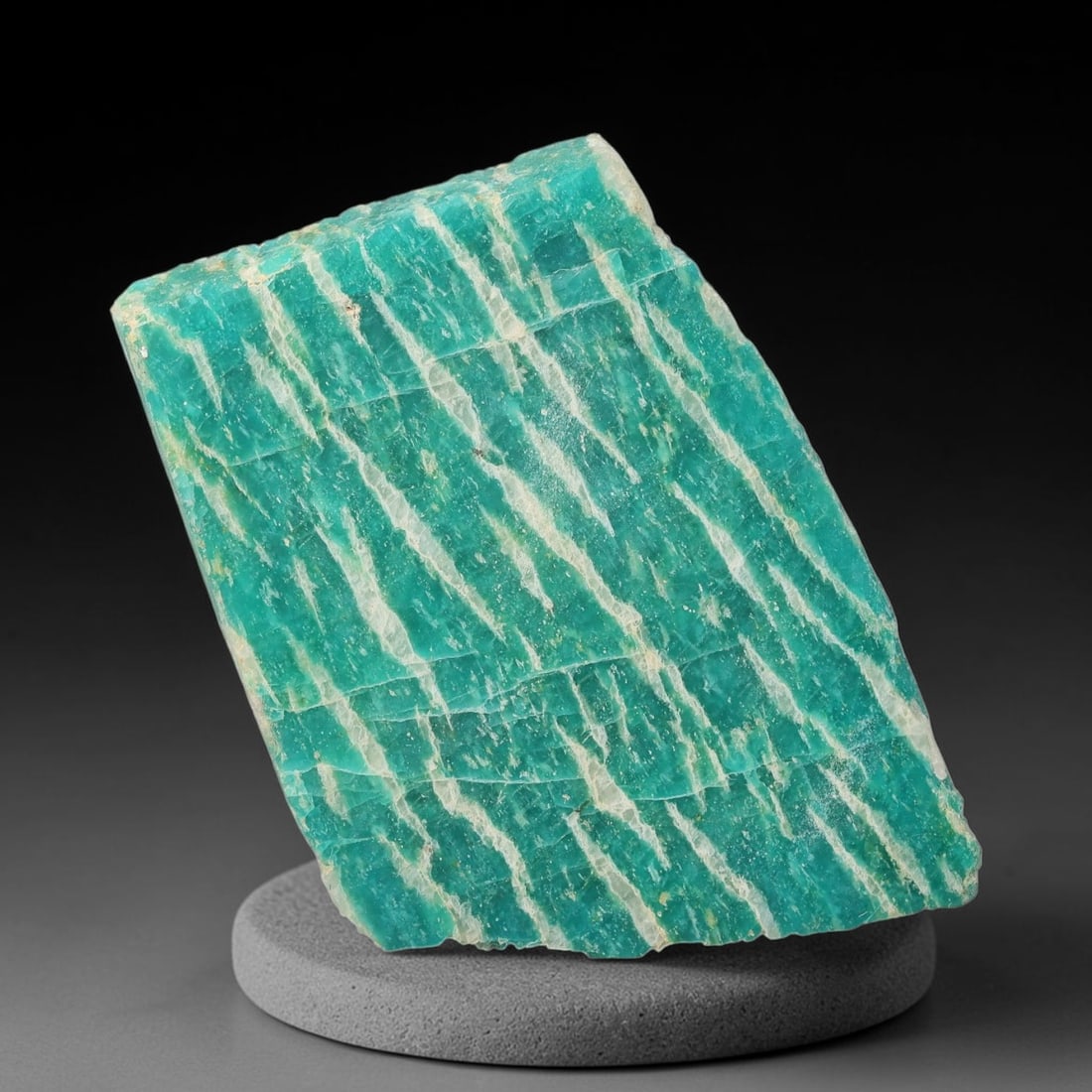 72ct Natural Russian Ural Amazonite Slab Rough, 59WV: This intact amazonite slab features distinct parallel mineral banding running uniformly across its naturally split flat surface within 39x31x5mm slab dimensions, retaining unmodified natural geologica