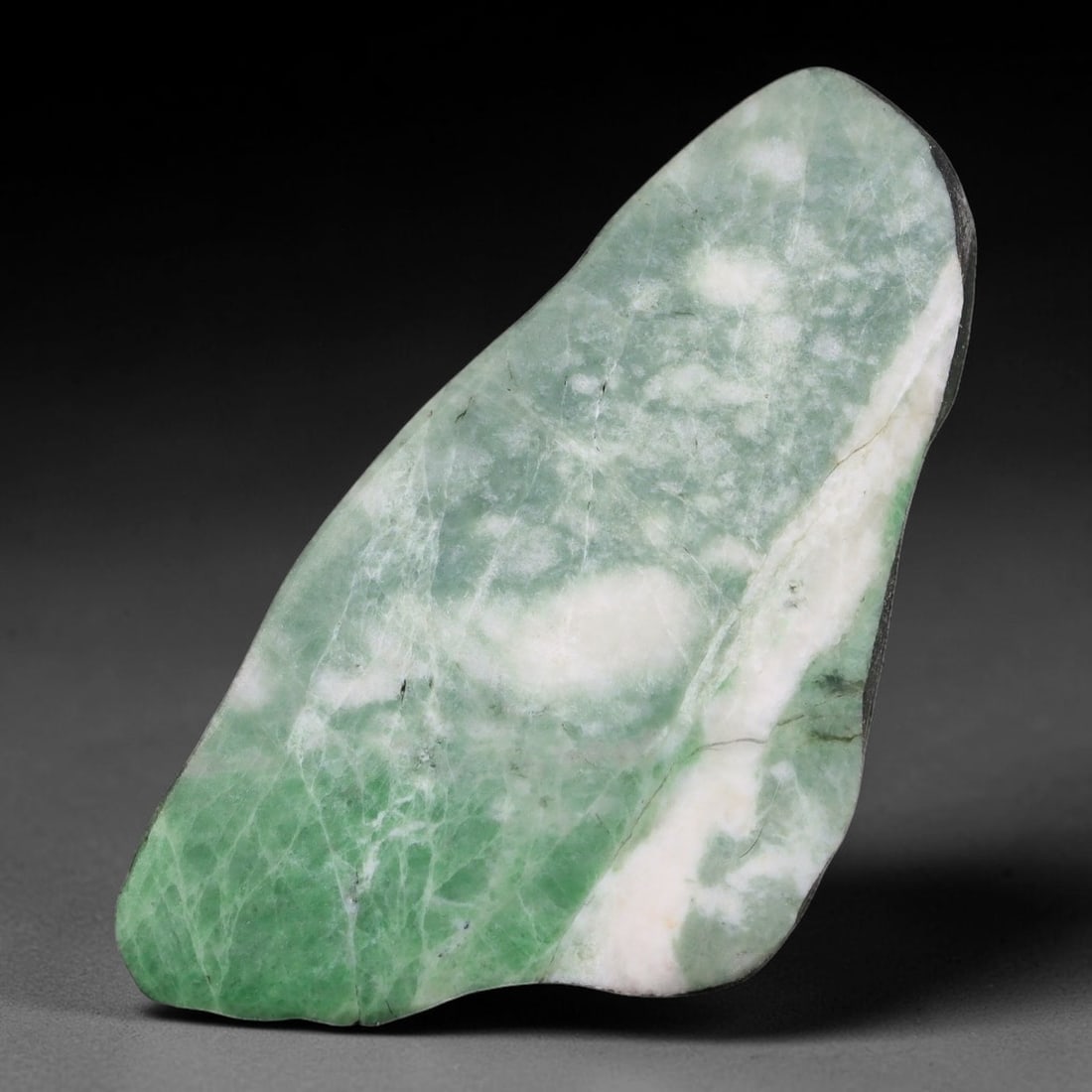 186ct Natural Type A Burmese Jadeite Jade Sliced Rough, 88YN: This specimen is a sliced rough block of natural Type A Burmese jadeite jade. The interior displays natural colour zoning with visible mineral veining and crystalline patterns typical of unprocessed j