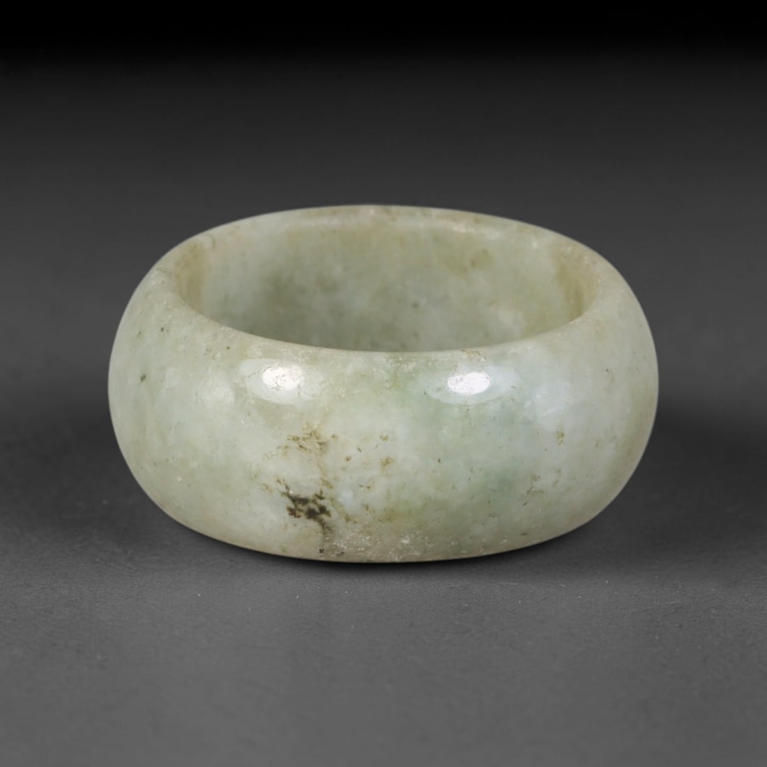 Natural Burmese Type A Jadeite Jade Band Ring Size US 9, 33TB: Crafted from untreated natural Burmese Type A jadeite jade, this solid stone band features a high-gloss polished finish displaying consistent deep green mineral tones interwoven with natural subtle to