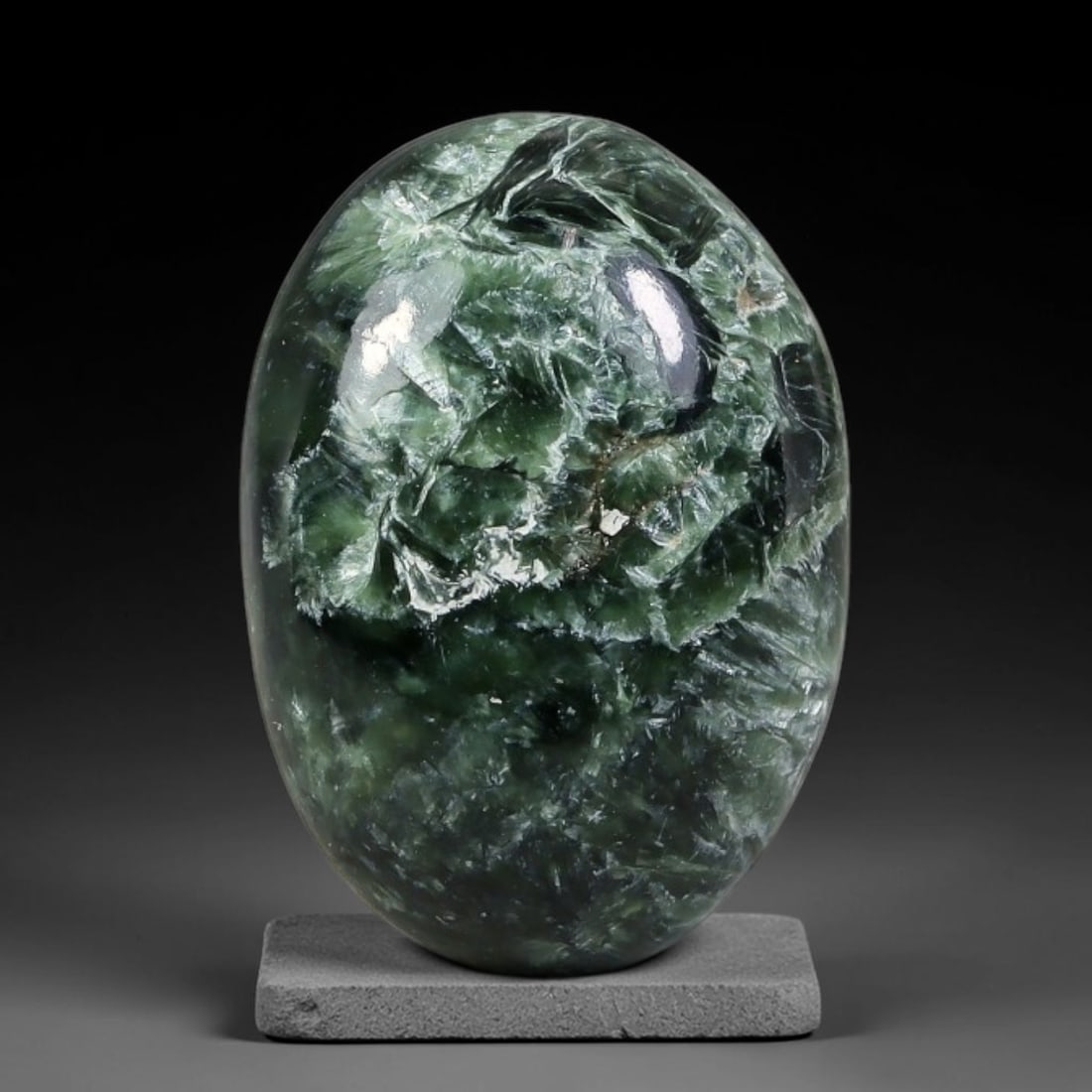 12.70 Carats Natural Deep Green Siberian Seraphinite Polished Cabochon, 100WW: This is a fully natural polished seraphinite specimen sourced from Siberian deposits, displaying distinct feathery fibrous inclusions that create beautiful flowing chatoyant patterns across its smooth