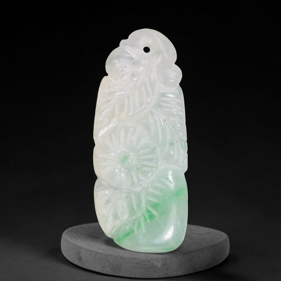 Natural Burmese Type A Jadeite Jade Hand Carved Pendant, 11TC: Artisan hand-carved untreated Burmese Type A jadeite jade pendant measuring 41x17.5 mm. Carefully sculpted with detailed relief craftsmanship and finished with a smooth glossy polish. Authentic Type A
