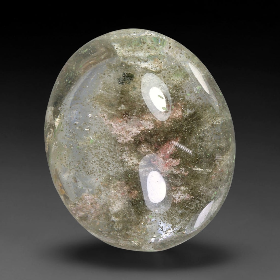21.24ct Natural Brazilian Phantom Quartz Oval Cabochon Loose Gemstone, 70YX: This smoothly polished cabochon of natural phantom quartz preserves delicate layered phantom crystal formations enclosed inside transparent quartz host. The domed polished surface offers unobstructed 