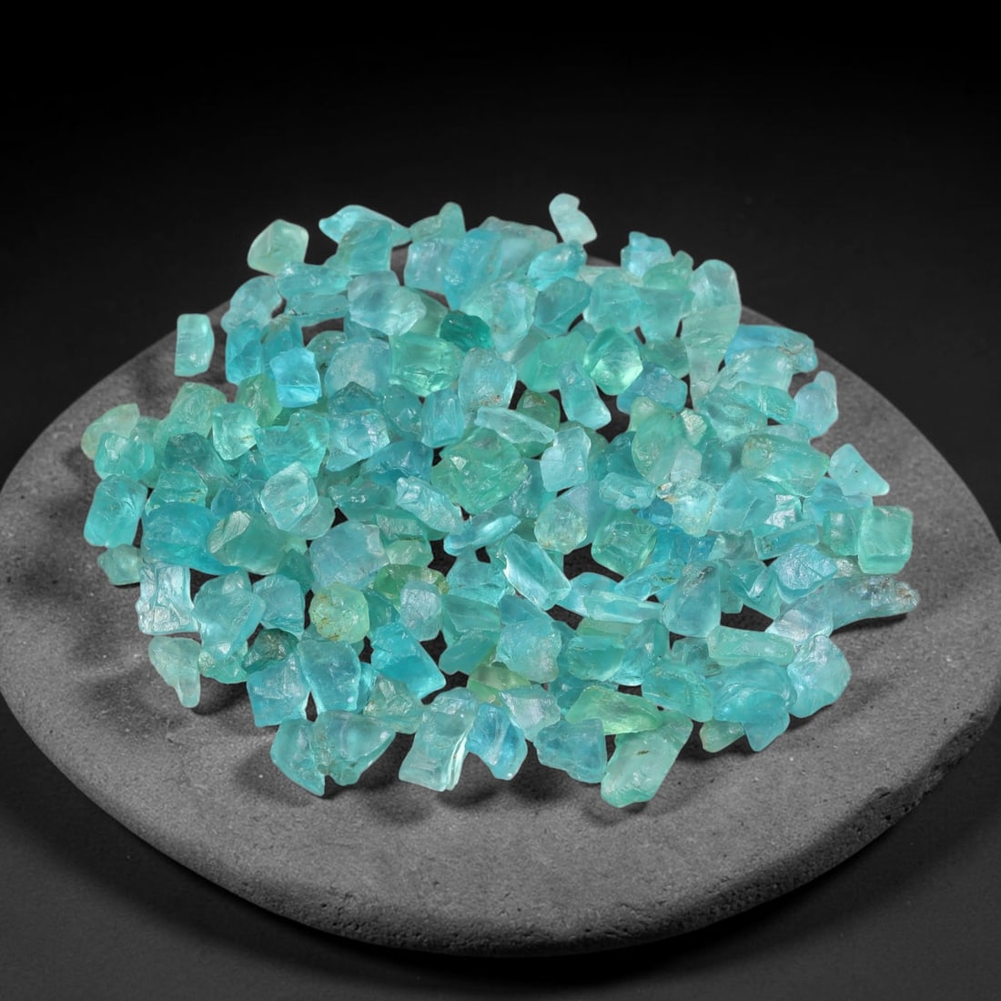 130.24ct Natural Blue Apatite Rough Parcel Loose Gemstone, 54YS: Natural apatite rough parcel featuring fresh bright blue colouration with subtle tonal variations across each crystal piece. Raw crystalline surfaces display authentic natural mineral textures and inh