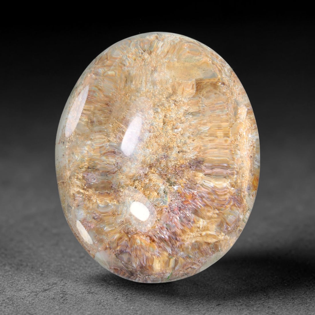 28.56ct Natural Brazilian Phantom Quartz Oval Cabochon Loose Gemstone, 53YV: This smoothly polished cabochon of natural phantom quartz preserves delicate layered phantom crystal formations enclosed inside transparent quartz host. The domed polished surface offers unobstructed 