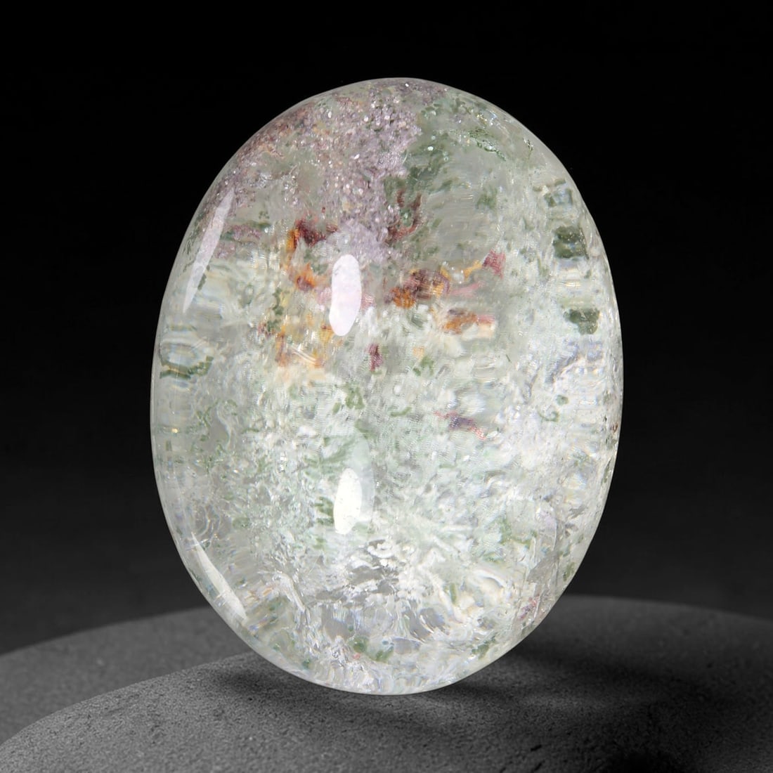 34.29ct Natural Brazilian Phantom Quartz Oval Cabochon Loose Gemstone, 71YV: This smoothly polished cabochon of natural phantom quartz preserves delicate layered phantom crystal formations enclosed inside transparent quartz host. The domed polished surface offers unobstructed 