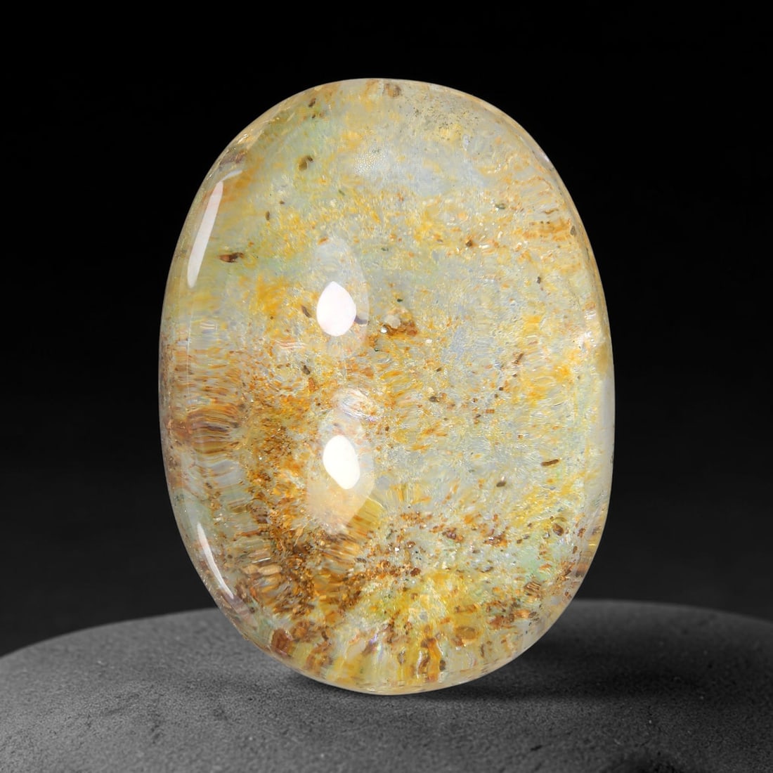 33.15ct Natural Brazilian Phantom Quartz Oval Cabochon Loose Gemstone, 73YV: This smoothly polished cabochon of natural phantom quartz preserves delicate layered phantom crystal formations enclosed inside transparent quartz host. The domed polished surface offers unobstructed 