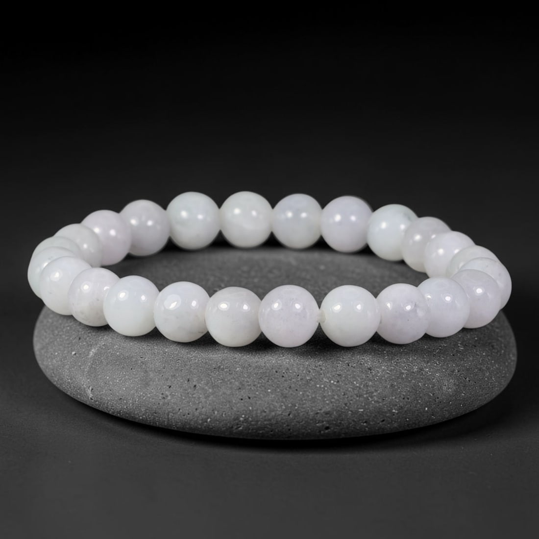 Natural Burmese Type A Soft Pale Lavender Jadeite Jade Bead Bracelet, 31TP: Strung from natural Type A Burmese jadeite, this spherical bead bracelet features a gentle soft pale lavender base with subtle diffused cloudy inclusions within each bead. Every bead is smoothly polis