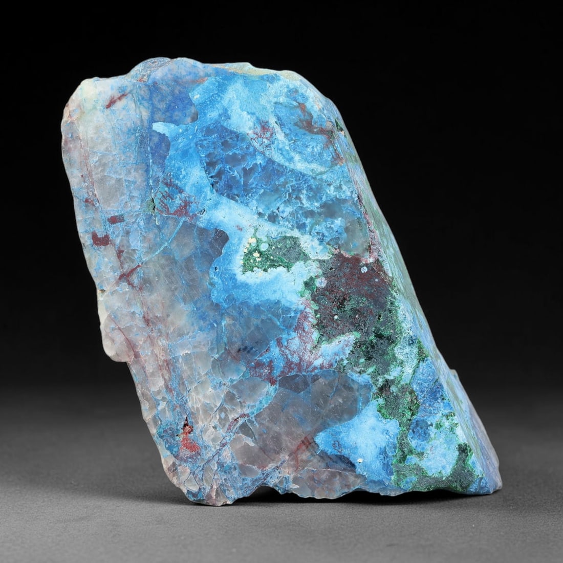 206.25ct Natural Peruvian Chrysocolla Polished Slab Rough, 93YS: This partial-polished chrysocolla slab features blended mineral matrix with smooth refined face and unaltered natural rugged edge across its 45x27x23mm elongated form, translucent mineral layers hold 