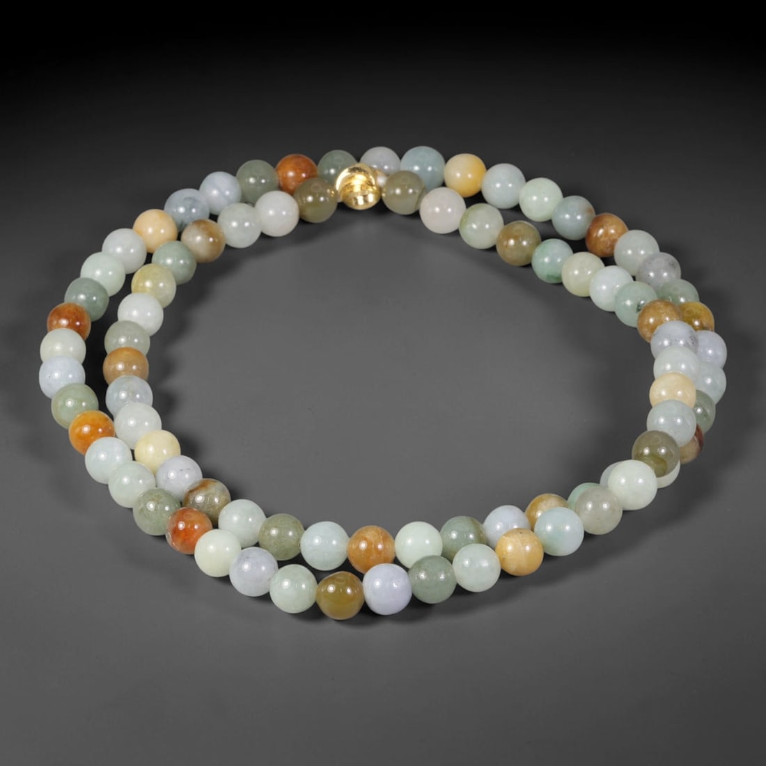 Natural Burmese Type A Mixed Tri-Color Round Jadeite Jade Beaded Necklace, 43TF: Hand-strung bead necklace crafted from genuine untreated Type A Burmese jadeite round beads with a balanced mix of pale celadon green, milky white and warm honey-orange tones. Equipped with a polished