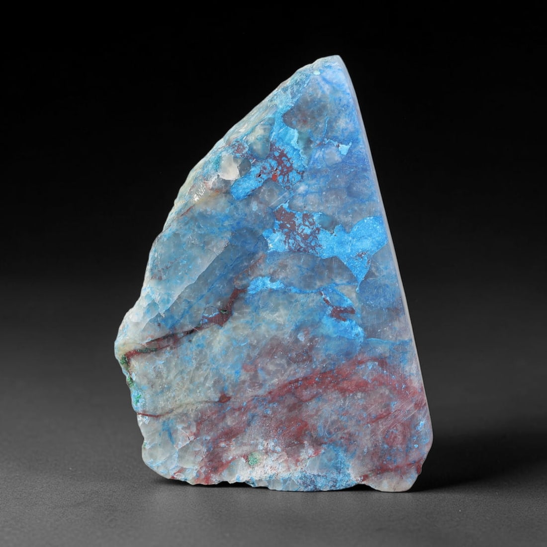 103.31ct Natural Peruvian Chrysocolla Polished Slab Rough, 87YS: This partial-polished chrysocolla slab features blended mineral matrix with smooth refined face and unaltered natural rugged edge across its 44x29x12mm elongated form, translucent mineral layers hold 