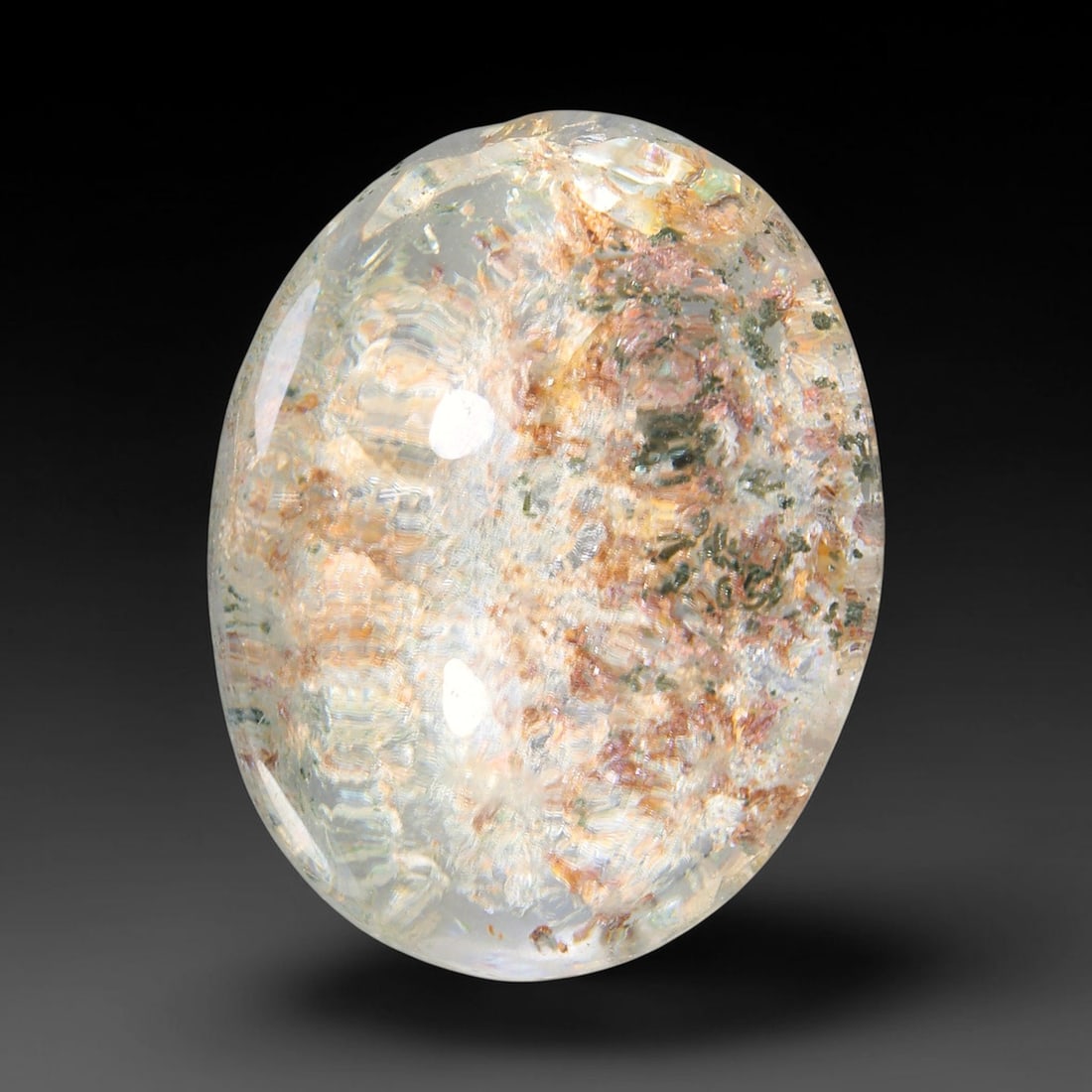 24.55ct Natural Brazilian Phantom Quartz Oval Cabochon Loose Gemstone, 98YV: This smoothly polished cabochon of natural phantom quartz preserves delicate layered phantom crystal formations enclosed inside transparent quartz host. The domed polished surface offers unobstructed 