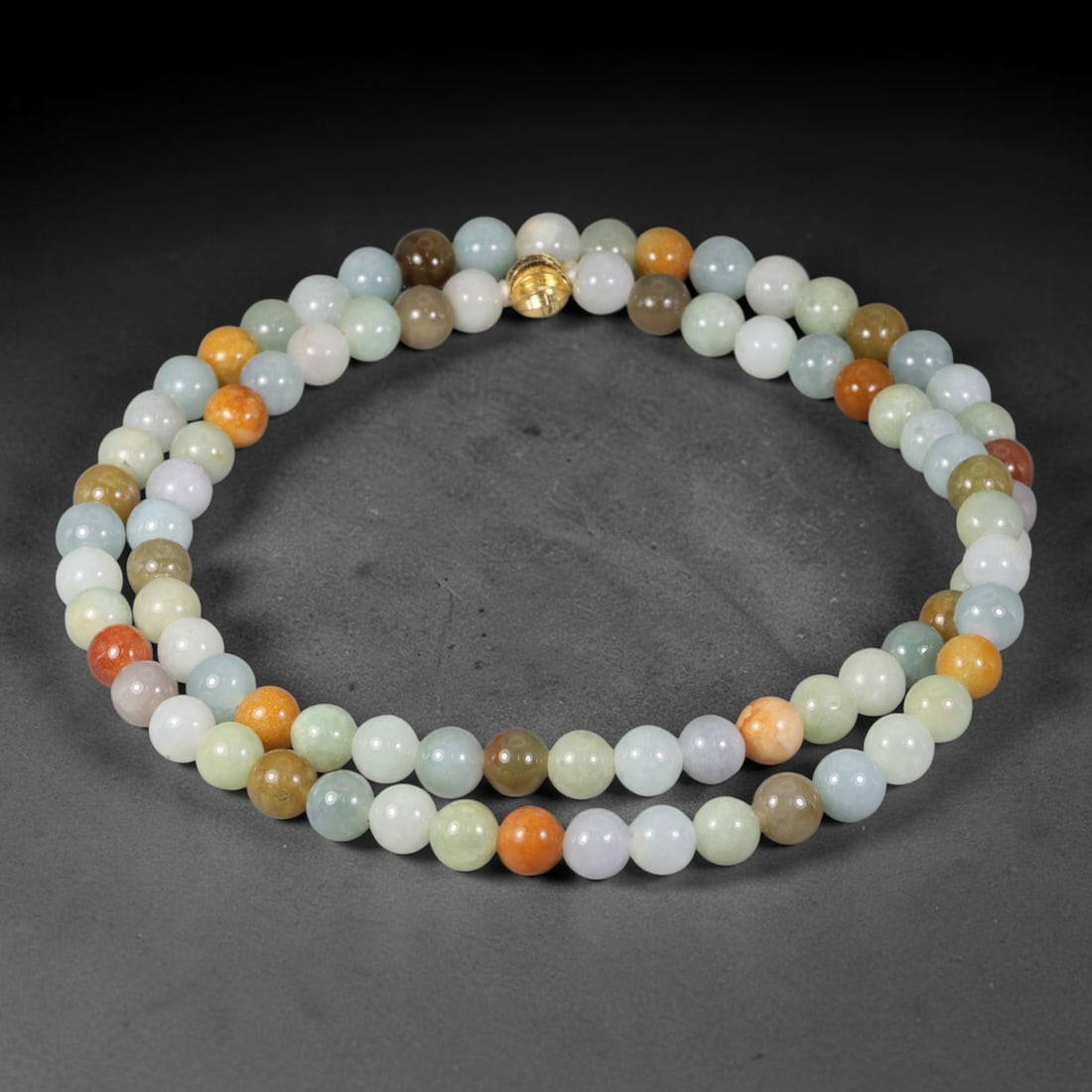 Natural Burmese Type A Multicolour Mixed Tone Round Jadeite Jade Beaded Necklace, 44TF: Hand-strung bead necklace crafted from genuine untreated Type A Burmese jadeite round beads in a blended palette of pale celadon green, milky white, lavender, honey yellow and warm orange. Fitted with