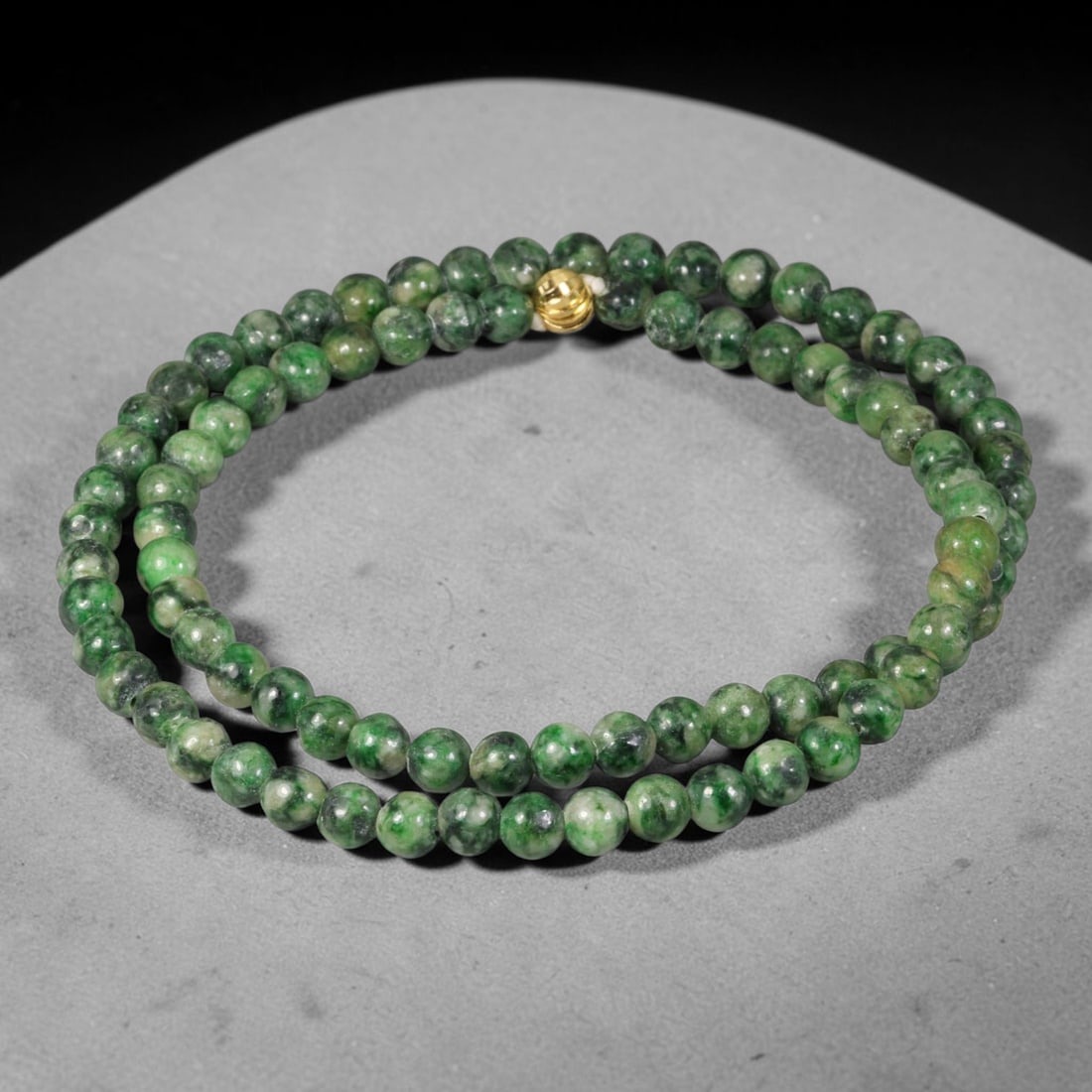 Natural Burmese Type A Mottled Spinach Green Round Jadeite Jade Beaded Necklace, 45TF: Hand-strung bead necklace crafted from genuine untreated Type A Burmese jadeite round beads, featuring classic spinach green with natural scattered dark green mottling and speckling. Equipped with a p