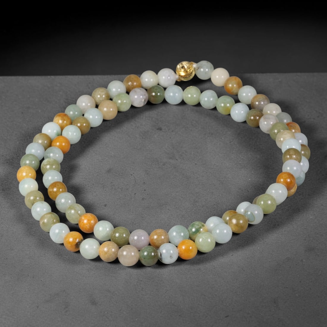 Natural Burmese Type A Pastel Multi-Tone Round Jadeite Jade Beaded Necklace, 42TF: Hand-strung bead necklace crafted from genuine untreated Type A Burmese jadeite round beads, featuring harmonious pastel shades of pale celadon green, milky white, soft lavender, honey and warm golden