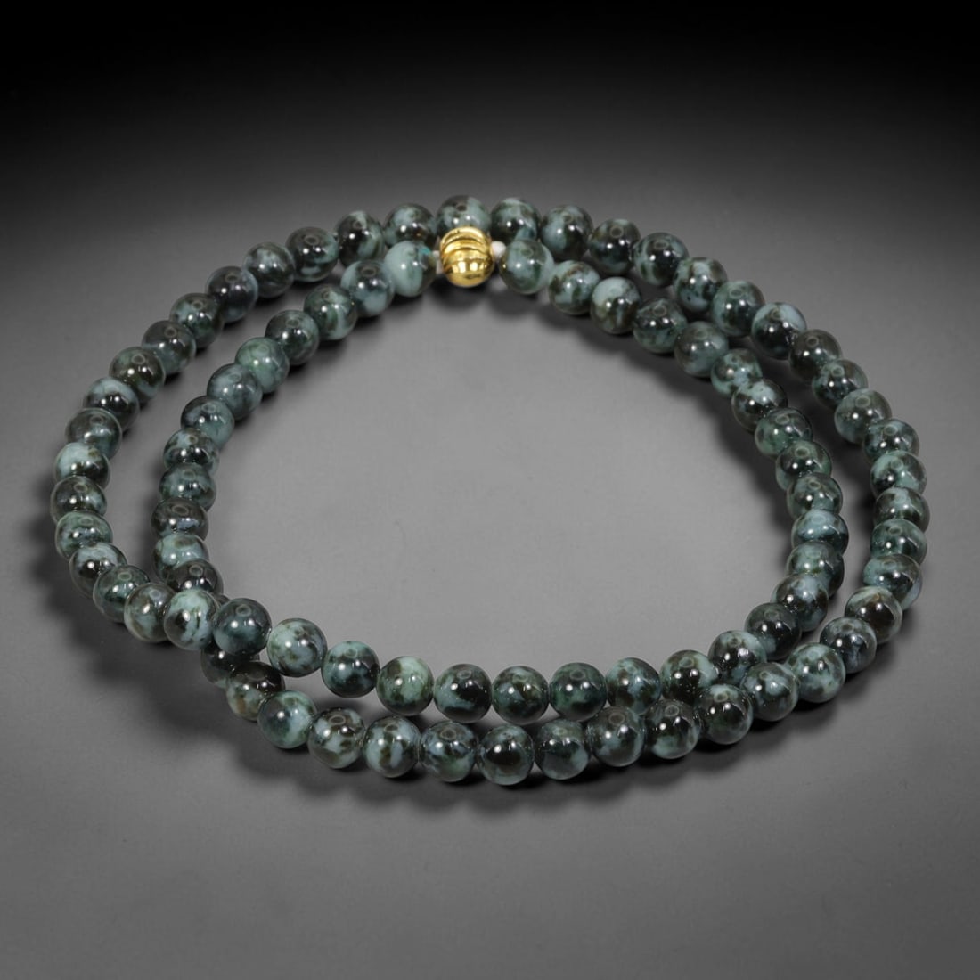 Natural Burmese Type A Ink Black Floating Jadeite Jade Beaded Necklace, 32WY: Fabricated from genuine Burmese Type A jadeite featuring natural ink black floating mineral tones distributed organically within the stone matrix, each bead receives uniform lapidary polishing for a s