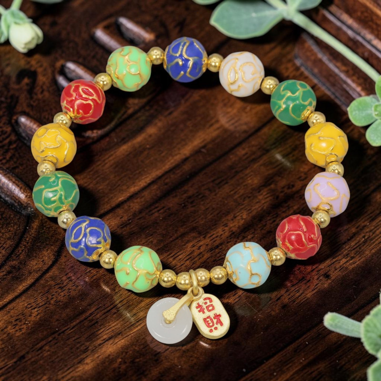 A Chinese Cloisonne Enamel Beaded Bracelet - Multicolor Gold-Tone Wealth Charms, 36YJ: This modern Chinese-style bracelet features 10.30mm round cloisonne enamel beads in a vibrant mix of rainbow hues, each detailed with raised gold-tone cloud patterns. Small smooth gold-tone spacer bea
