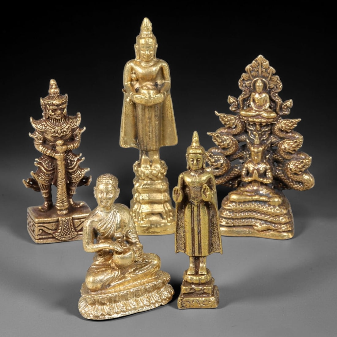Thai Vintage Copper Alloy Buddhist Guardian & Naga Buddha Mini Statues - 5pcs Set, 12YZ (1 of 1)