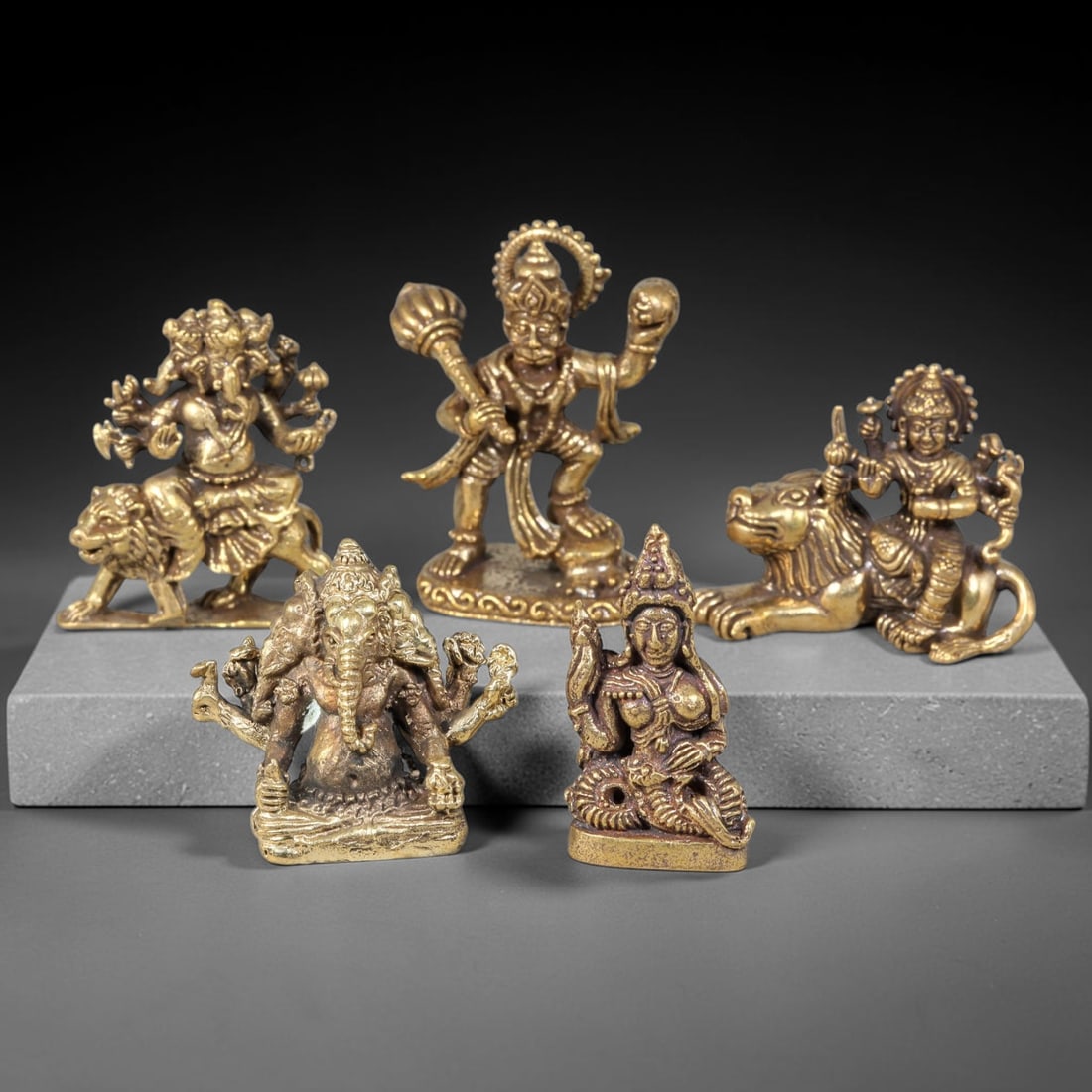Thai Vintage Copper Alloy Hindu Warrior & Ganesha Mini Statues - 5pcs Set, 19YZ: Vintage Thai copper alloy miniature Hindu deity figurine set of five pieces, each measuring 3.0x3.0cm. The collection features multi-headed Ganesha riding lion, seated multi-arm Ganesha, Hanuman holdi