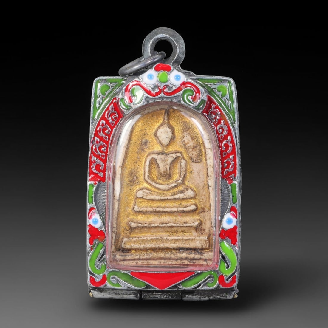 Thai Gilded Clay Metal Amulet Buddhist Votive Pendant, 43ZB: Formed from fired clay with applied gilded surface layers, the piece uses traditional molding techniques characteristic of Southeast Asian devotional craft. The construction adheres to standard region