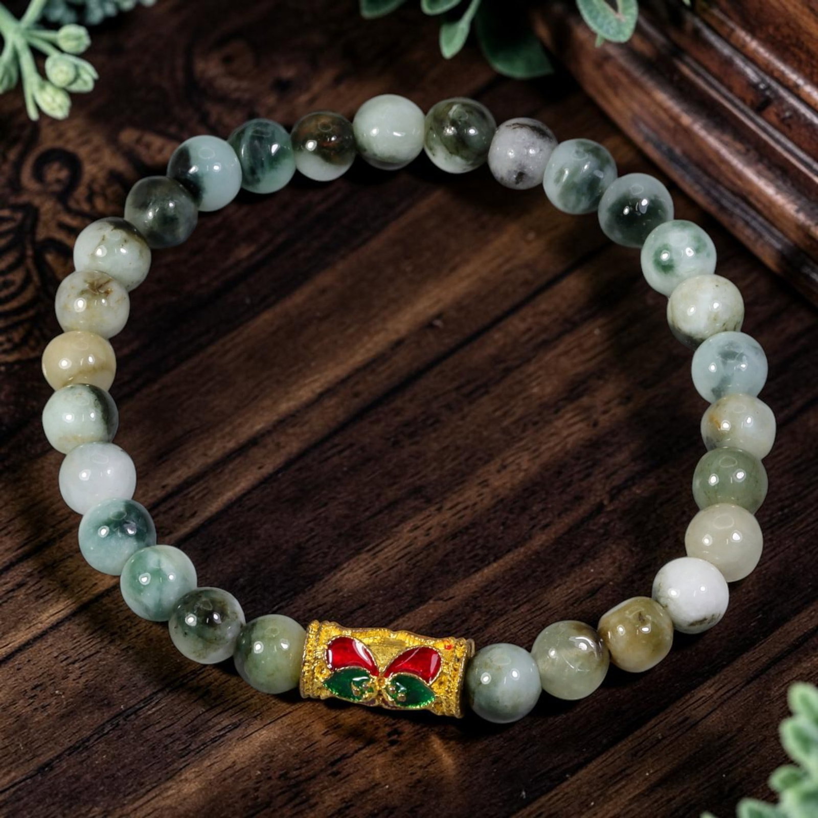 Natural Burmese Type A Jadeite Jade Beaded Stretch Bracelet - Enamel Gold Butterfly Focal Barrel,: This delicate stretch bracelet is crafted with smooth round natural Burmese Type A jadeite jade beads measuring 5.90 millimeters, featuring soft milky white base stone naturally marbled with flowing s