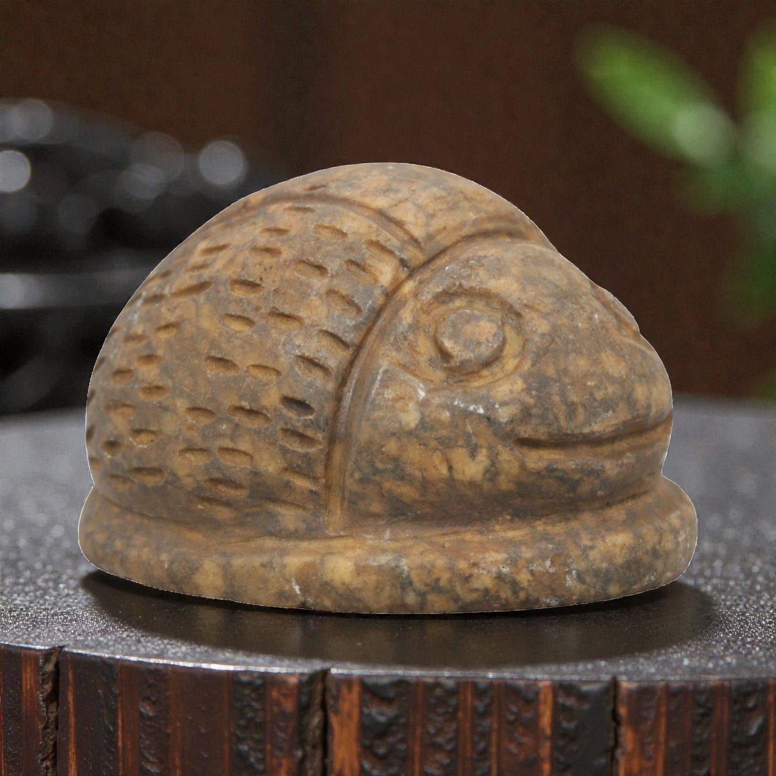 Ancient Steatite Scarab Amulet - Near Eastern Figurine, 62ZQ: Carved from steatite, this scarab amulet features a naturalistic form with incised detailing for facial features and wing texture. The stone has a warm, earthy patina with minor surface wear consisten
