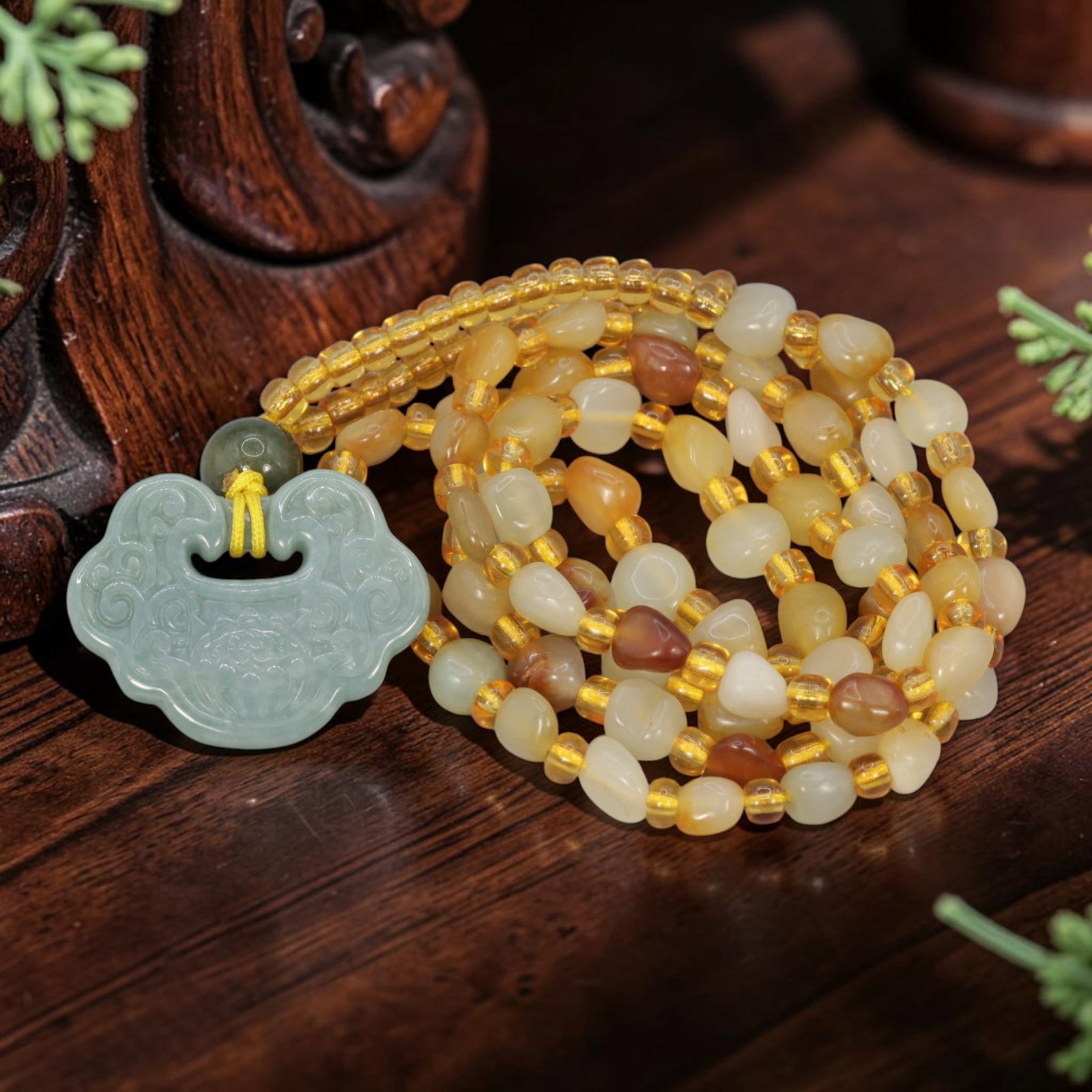 Natural Xinjiang Hetian Jade Necklace - Chinese Jade Lock Pendant, 78YJ: This necklace features a natural jade lock pendant paired with matching Xinjiang Hetian jade pebble beads, accented with translucent yellow spacer beads and a dark green accent bead. The pendant is ca