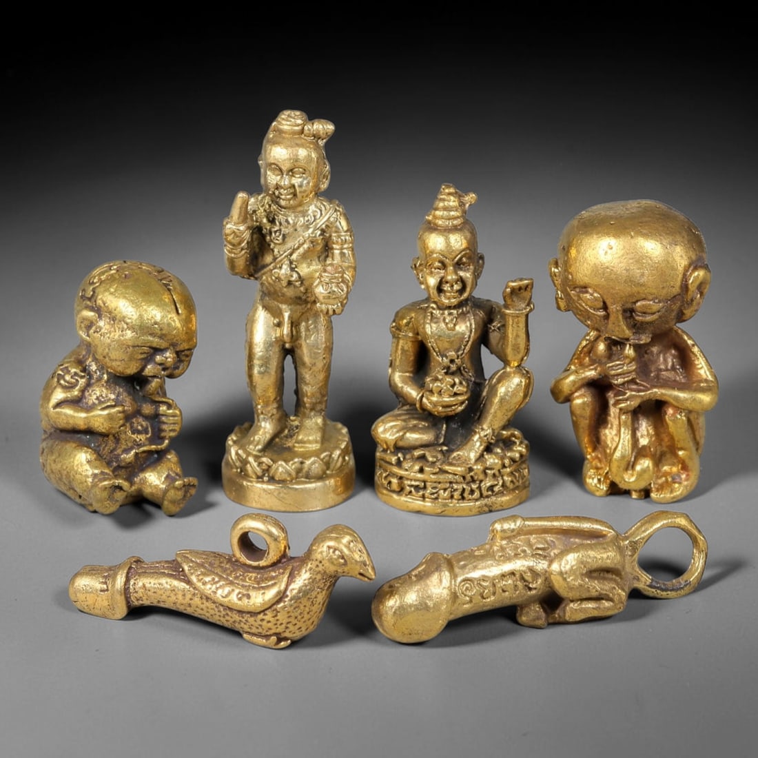 Thai Vintage Gilded Copper Devotional Amulet Figures - 6pcs Set, 4YZ (1 of 1)