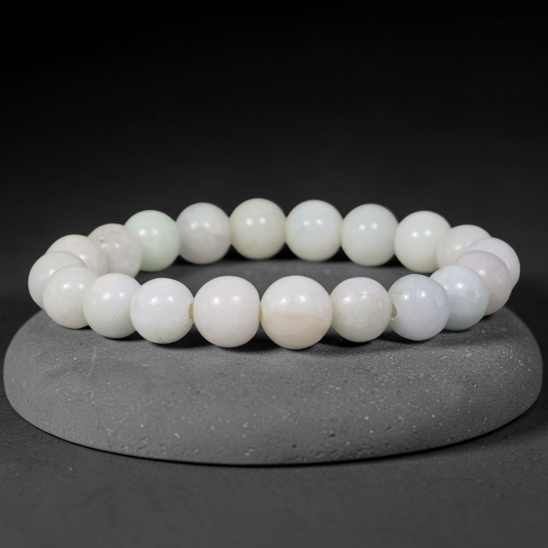 Natural Burmese Type A White Pale Green Jadeite Jade Round Bead Bracelet, 81TK: Polished from natural Burmese Type A jadeite, this bracelet features smooth round white pale green beads measuring 9.6mm. It showcases clean milky white tones accented by faint soft pale green wisps a