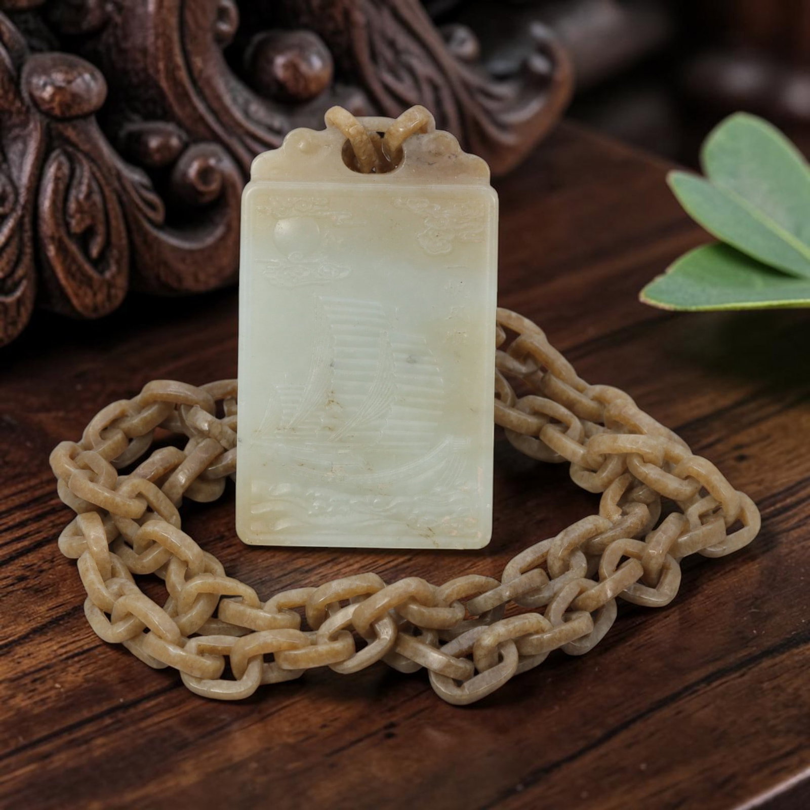 Natural Xinjiang Sugar Hetian Jade Pendant - Plaque With Hand Carved Integrated Chain, 98YJ: Expertly hand carved from a single solid piece of natural Xinjiang sugar Hetian jade rough stone, this complete necklace set features an inseparable interlinked chain and rectangular jade plaque penda