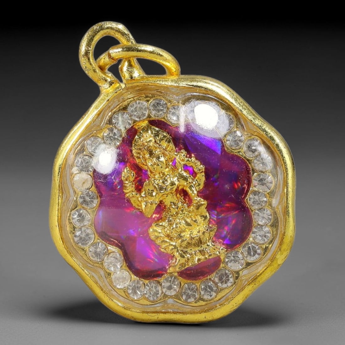 Thai Four-Faced Phra Phrom Floral Dual-Sided Gold Plated Rhinestone Casing Amulet, 76YY: Mini flower-shaped Thai Phra Phrom (Four-Faced Buddha) amulet with gold metal core sealed under transparent protective cover, housed in polished gold-plated floral frame lined with full round clear rh