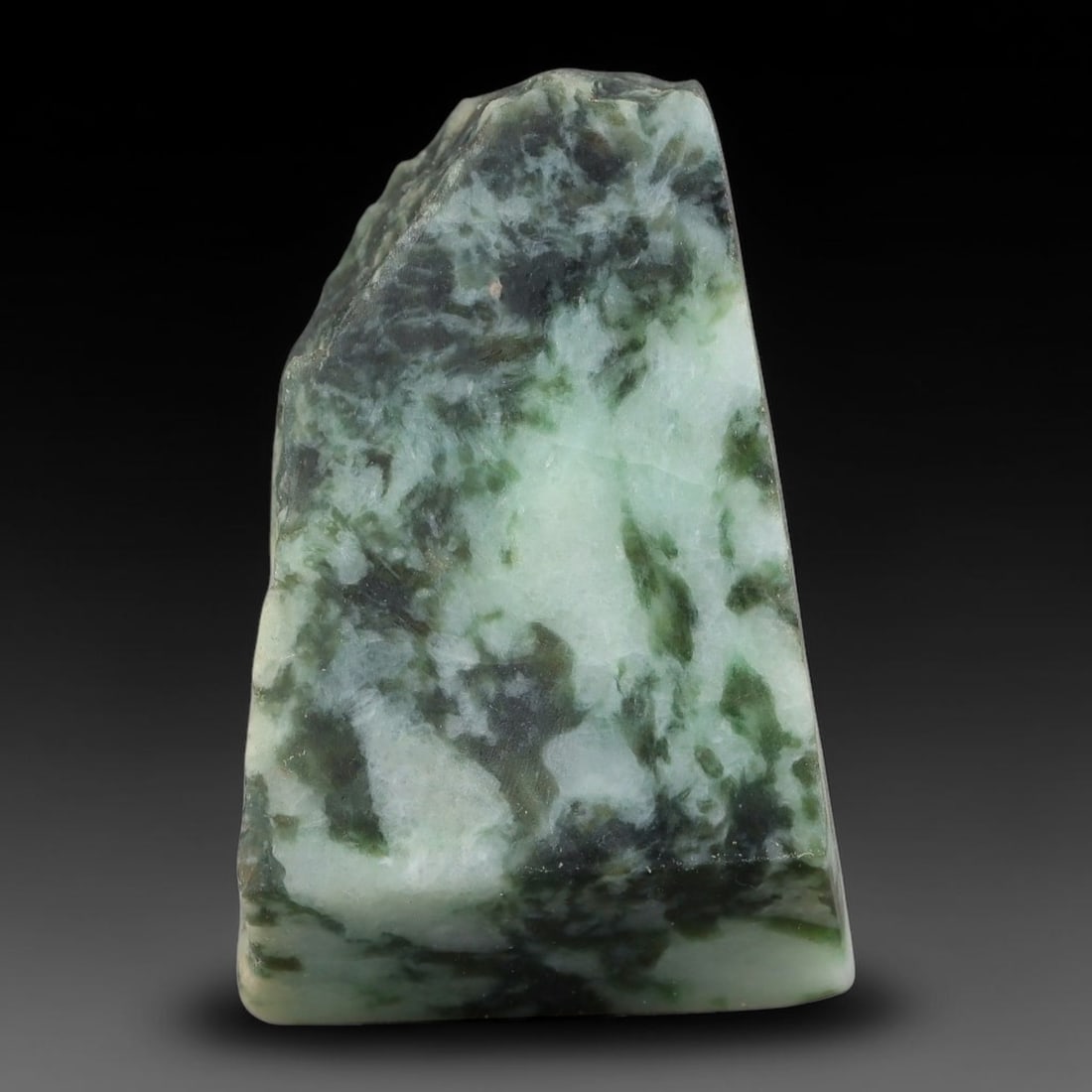137ct Natural Type A Burmese Jadeite Jade Sliced Rough, 68YN: This specimen is a sliced rough block of natural Type A Burmese jadeite jade. The interior displays natural colour zoning with visible mineral veining and crystalline patterns typical of unprocessed j