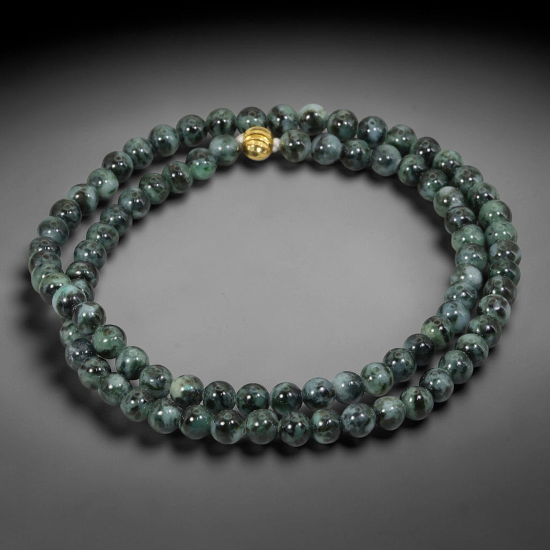 Natural Burmese Type A Ink Black Floating Jadeite Jade Beaded Necklace, 27WY: Fabricated from genuine Burmese Type A jadeite featuring natural ink black floating mineral tones distributed organically within the stone matrix, each bead receives uniform lapidary polishing for a s