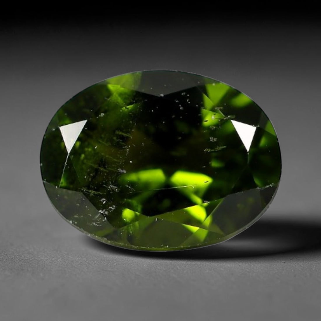 1.34 Carats Natural Vivid Chrome Green Chrome Diopside Oval Faceted Loose Gemstone, 1WJ: This striking chrome diopside faceted oval stone showcases vivid intense chrome green color illuminated through crisp polished step facets, with fine tiny natural mineral speckles visible within the t