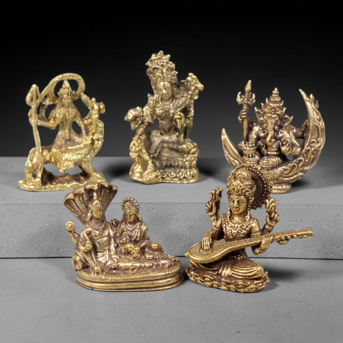 Thai Vintage Copper Alloy Hindu Goddesses & Ganesha Mini Statues - 5pcs Set, 18YZ: Vintage Thai copper alloy miniature Hindu deity figurine set of five pieces, each sized 3.5x2.5cm. This collection includes Goddess Durga riding tiger, Goddess Lakshmi seated with lotus, Lord Ganesha 