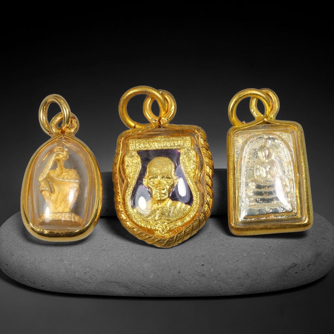 Set of 3 Mixed Design Dual-Sided Thai Gold Cased Amulet Pendants, 28YY (1 of 2)