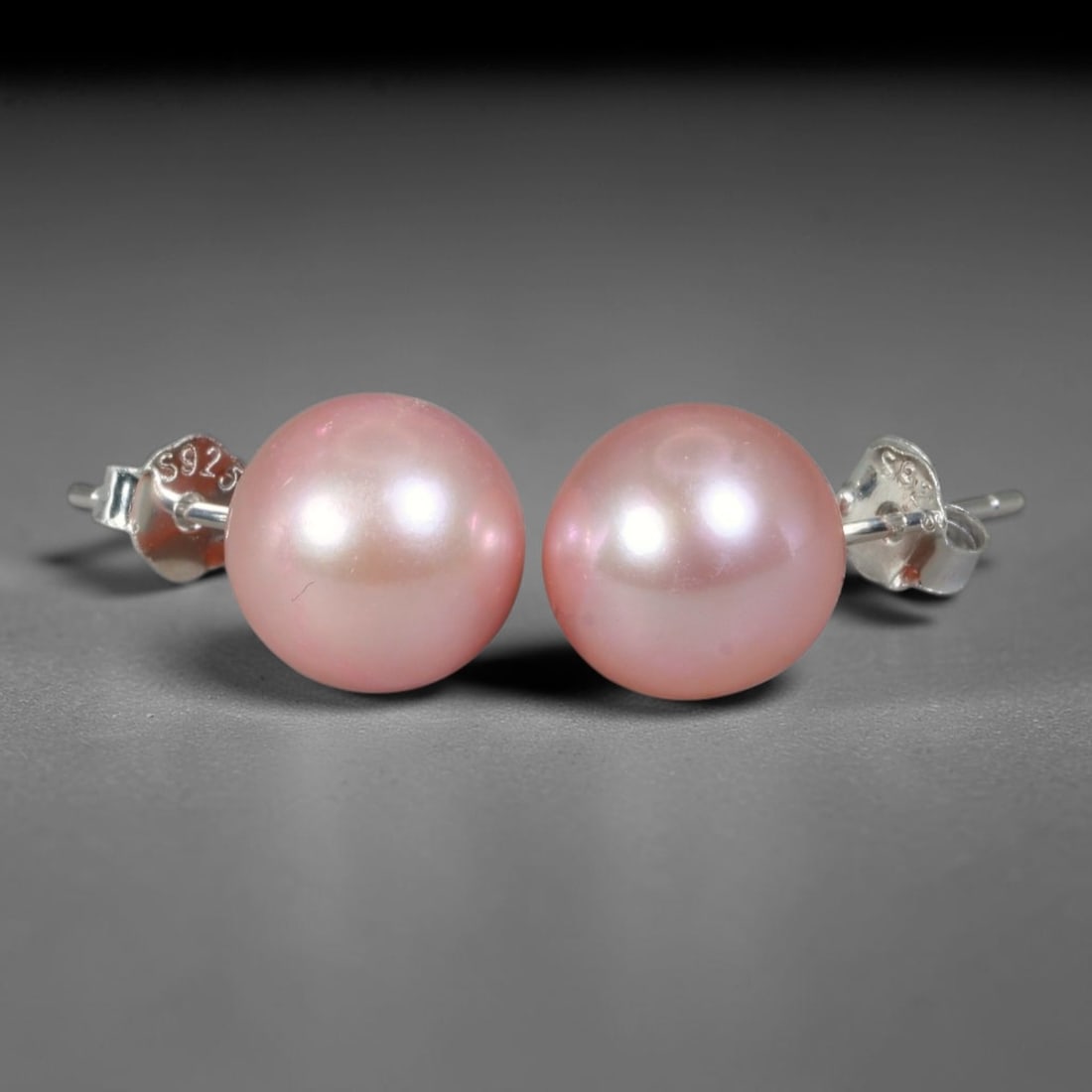 Round Soft Blush Pink Freshwater Pearl Stud Earrings, 6WS: Timeless matched stud earrings featuring smooth near-round natural freshwater pearls sized 8.7x8.4mm each. Each pearl boasts dense, mirror-gloss nacre with a delicate soft blush pink base hue, accente