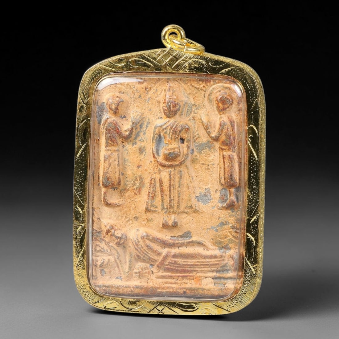 Thai Clay Narrative Buddha Amulet - Gold Cased Votive Pendant, 5YY (1 of 1)