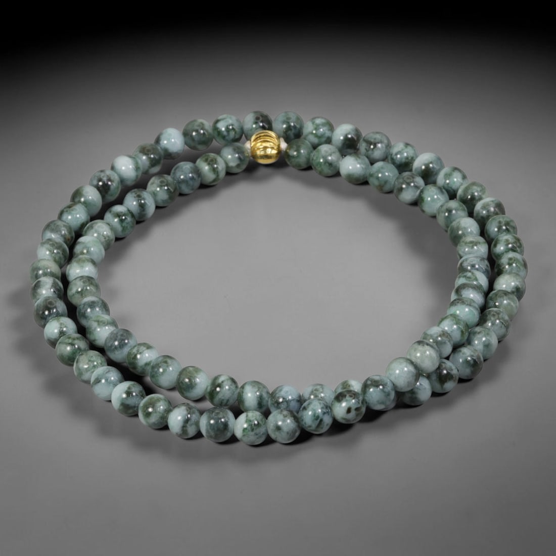 Natural Burmese Type A Floating Flower Jadeite Jade Beaded Necklace, 18WY: Formed from untreated Burmese Type A jadeite material, each spherical bead carries naturally formed floating mineral inclusions scattered evenly throughout the stone structure, finished with refined u