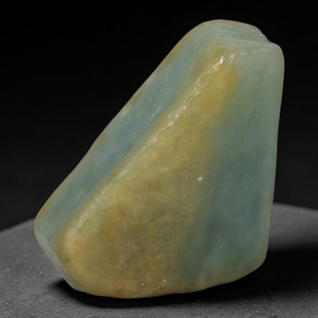 130ct Natural Type A Burmese Jadeite Jade Polished Sliced Rough, 34YN: This specimen is a sliced rough block of natural Type A Burmese jadeite jade. The interior displays natural colour zoning with visible mineral veining and crystalline patterns typical of unprocessed j
