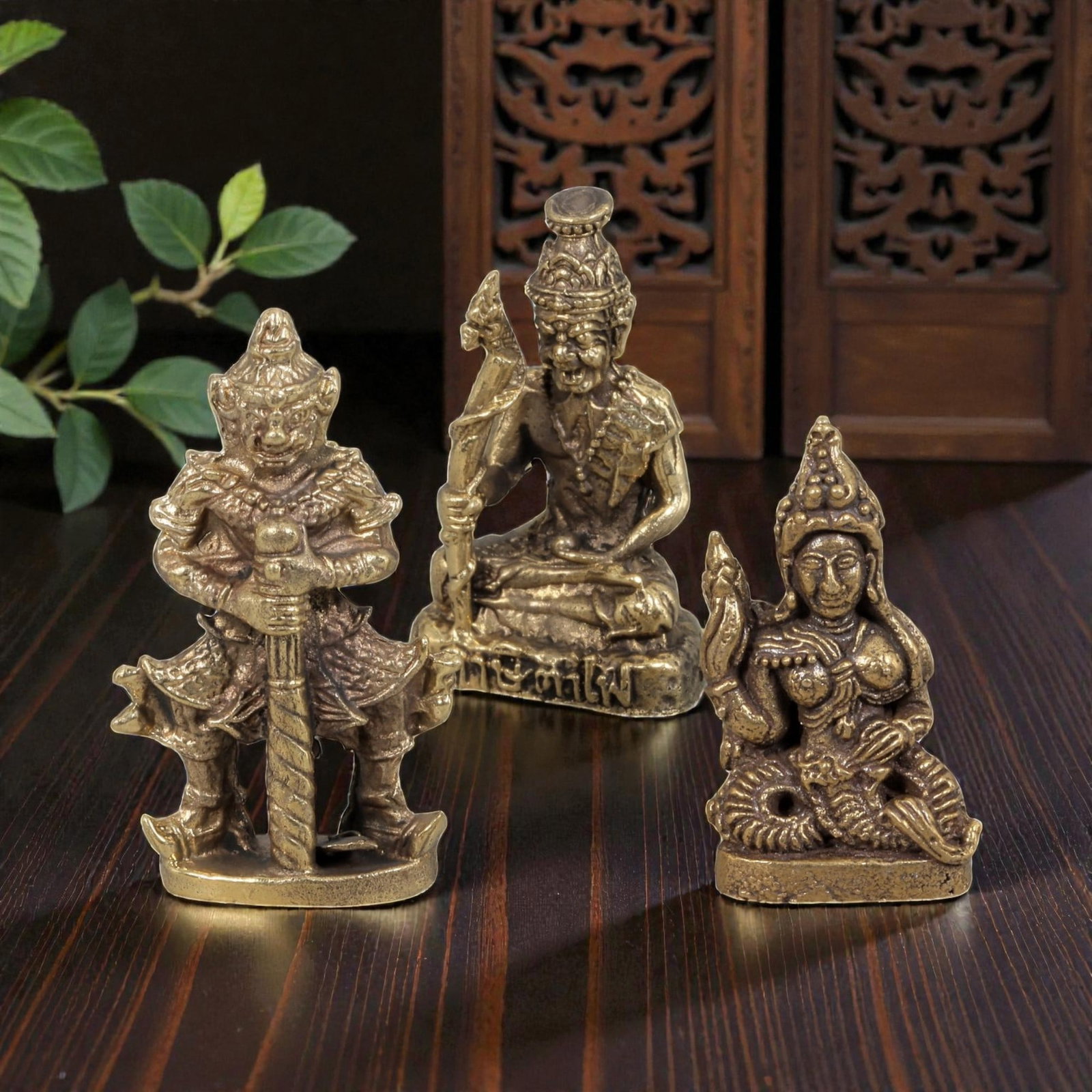 Thai Vintage Copper Alloy Devotional Guardian & Deity Figures - 3pcs Set, 98ZB: This set of three devotional figures is crafted from copper alloy, exhibiting a warm aged patina and fine surface wear consistent with vintage Thai folk religious art. The pieces depict distinct devot