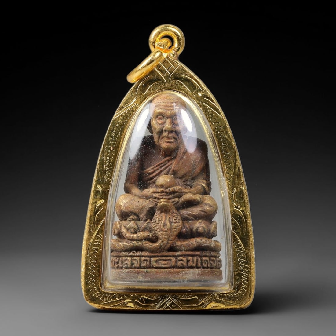 Thai Luang Phor Monk Holding Wealth Ball Dual-Sided Gold Plated Metal Casing Amulet, 47YY: Traditional Thai master monk amulet crafted with antique bronze monk core sealed under clear transparent cover, set inside hand-engraved gold-plated metal casing equipped with polished gold-toned meta