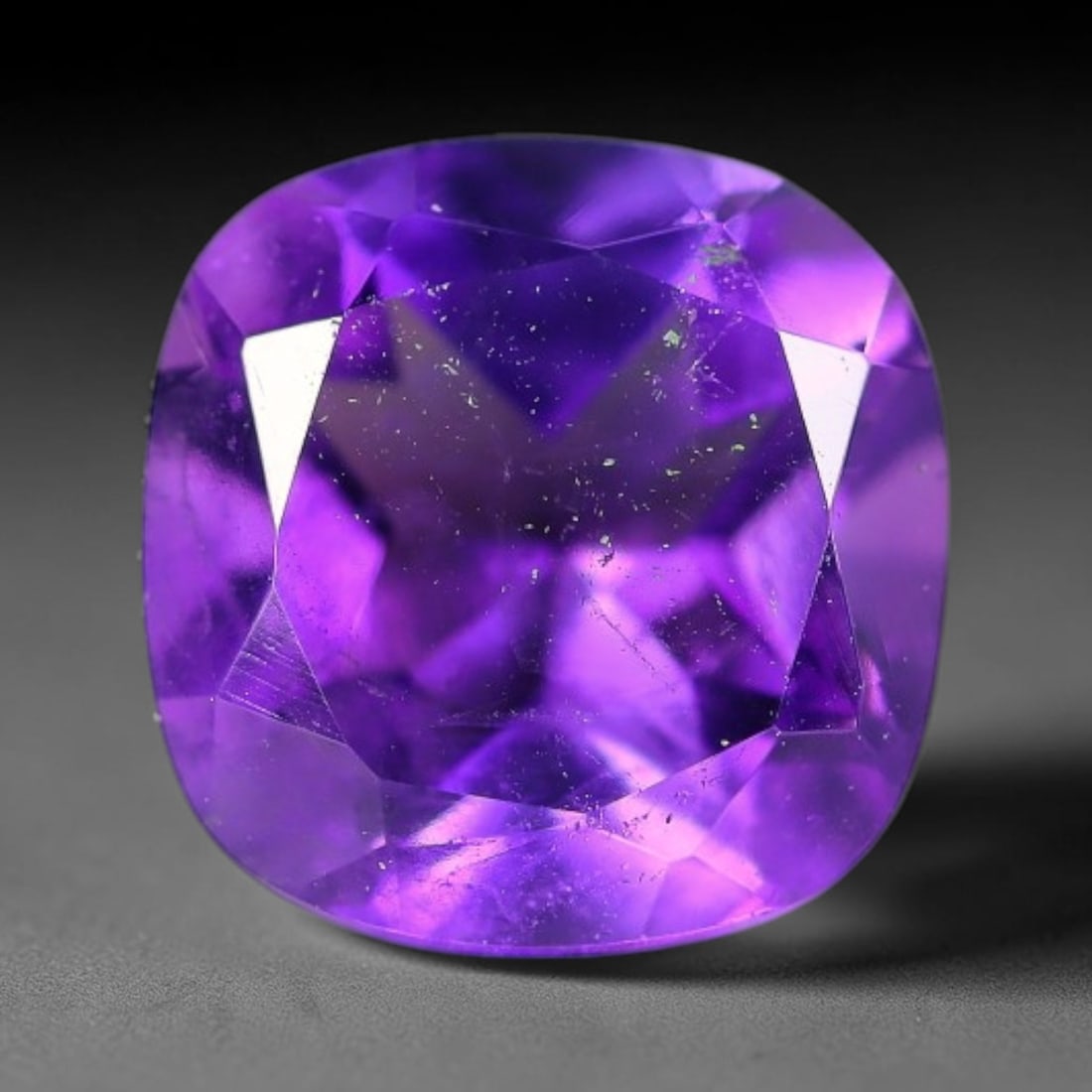 3.83ct Natural Brazilian Purple Amethyst Cushion Faceted Gemstone, 58YW: This faceted gemstone is composed of natural Brazilian amethyst, cut in a cushion shape with precise faceting to showcase the saturated purple hue. The stone displays natural internal inclusions consi