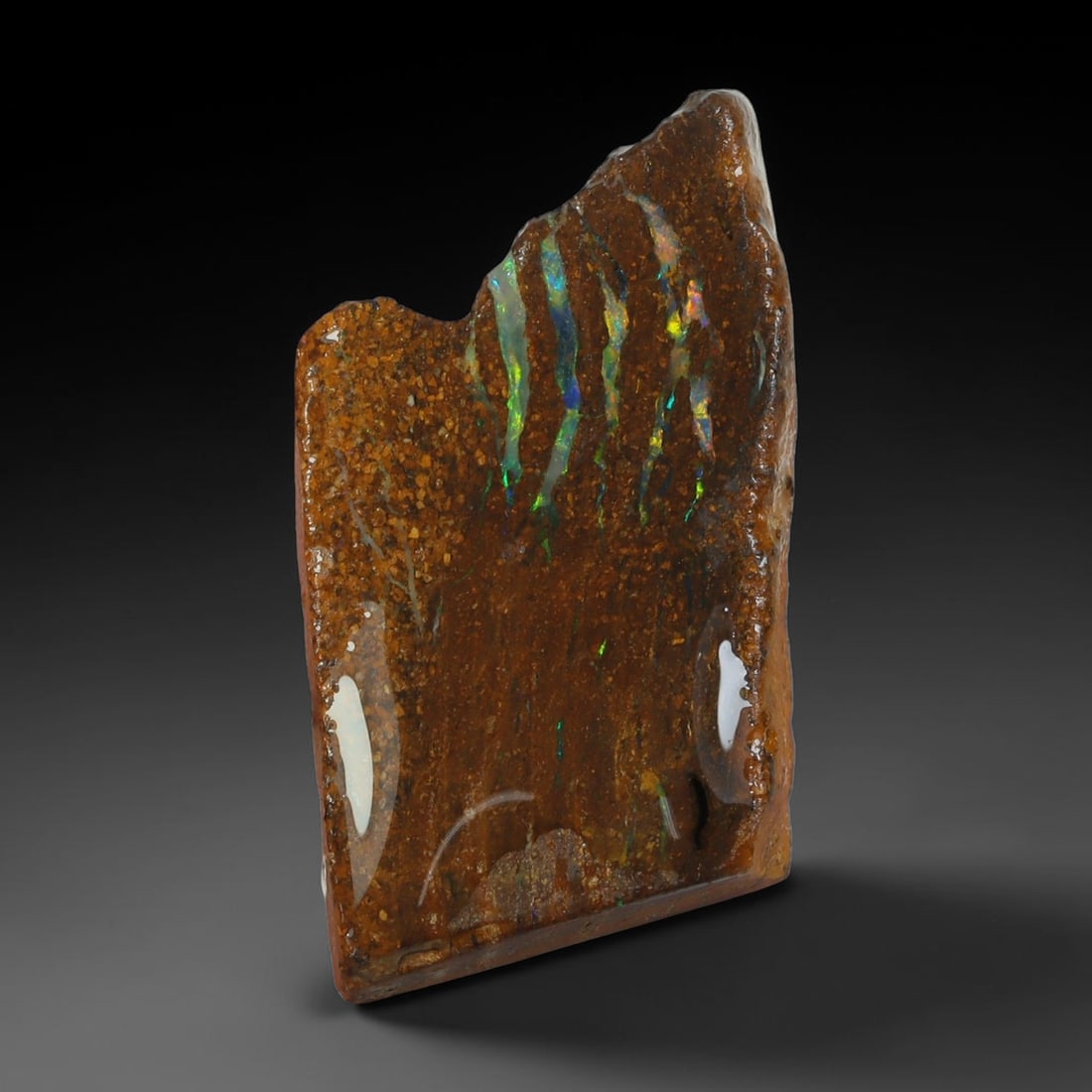20.05ct Natural Australian Queensland Boulder Opal Sliced Slab Cutting Rough, 69YL: Natural sliced slab rough of Queensland boulder opal cutting grade, featuring rich color ironstone matrix with patterns. The face clearly reveals extensive opal veining and pocket formations running t