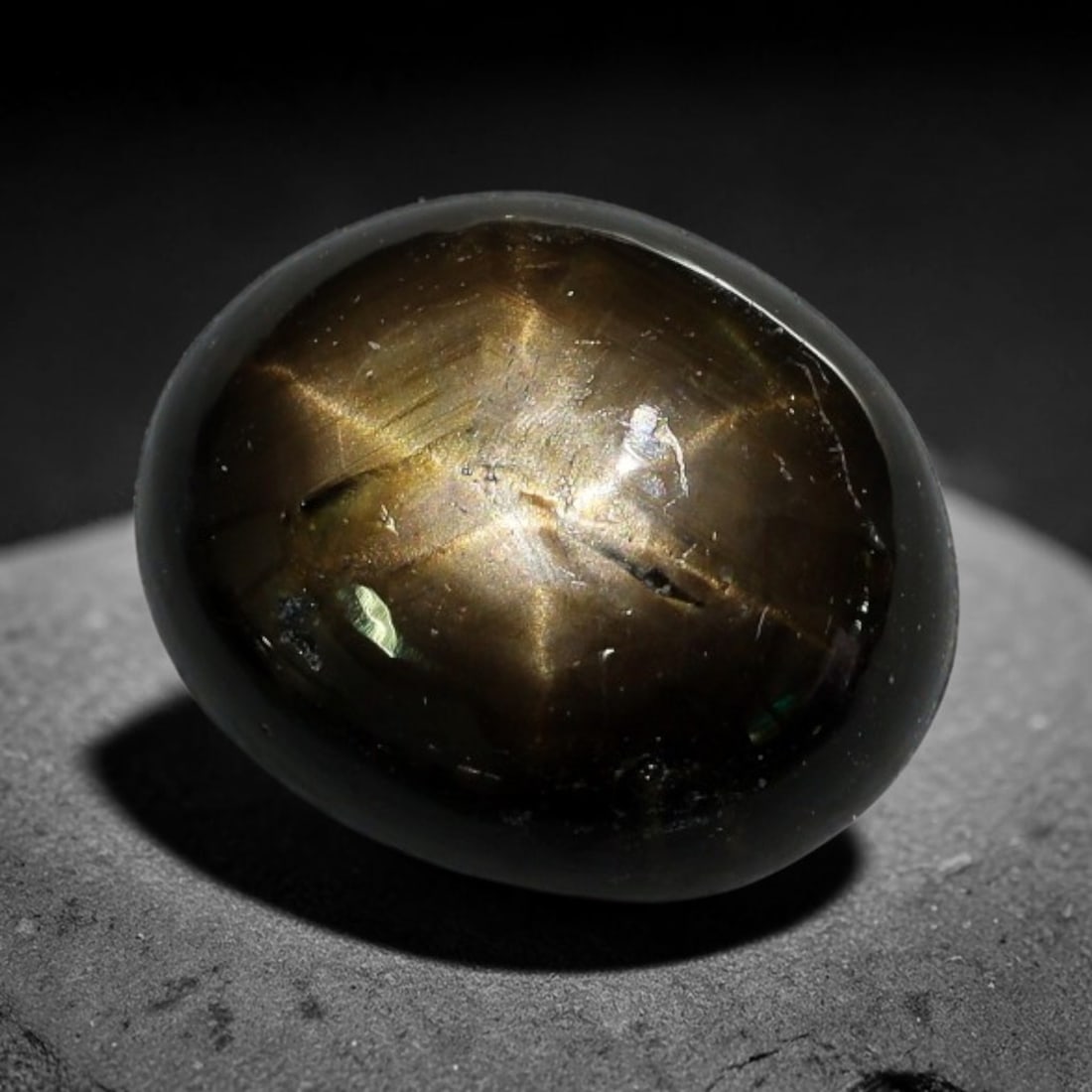 4.34ct Natural Siamese 6-Ray Black Star Sapphire Loose Gemstone, 4XY: This polished star sapphire originates from classic Siamese mining deposits, featuring a deep dark crystalline base with fine native mineral traces trapped within its structure, sized at calibrated 9.