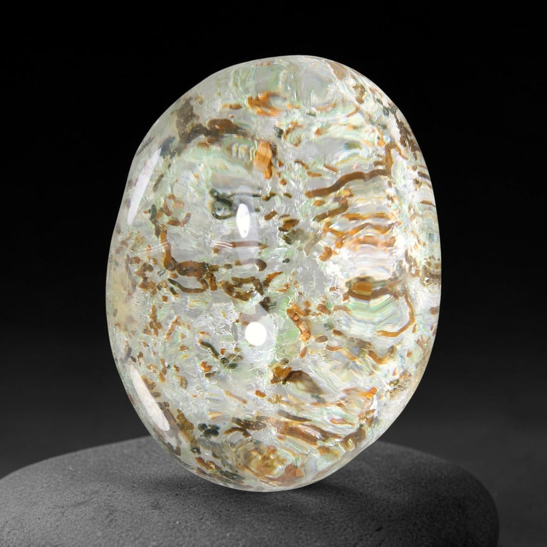 29.32ct Natural Brazilian Phantom Quartz Oval Cabochon Loose Gemstone, 96YV: This smoothly polished cabochon of natural phantom quartz preserves delicate layered phantom crystal formations enclosed inside transparent quartz host. The domed polished surface offers unobstructed 