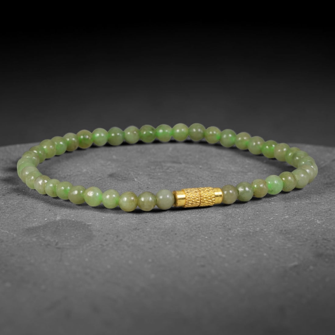 Natural Burmese Type A Olive Green Tiny Jadeite Jade Bracelet with Textured Gold Cylinder Accent,: Crafted from untreated natural Burmese Type A jadeite jade beads with maximum bead dimension of 4.40mm, this delicate thin strand features smooth round mini beads in muted olive green natural tone, pa