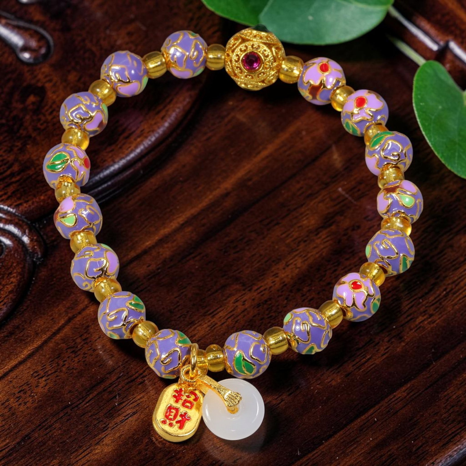 Chinese Cloisonne Enamel Beaded Bracelet - Lavender Gold Wealth Jade Charm, 83YG: This modern Chinese revival stretch bracelet is crafted with round cloisonne enamel beads measuring 7.90 millimeters, coated in soft lavender enamel detailed with raised gold-tone swirling cloud wirew