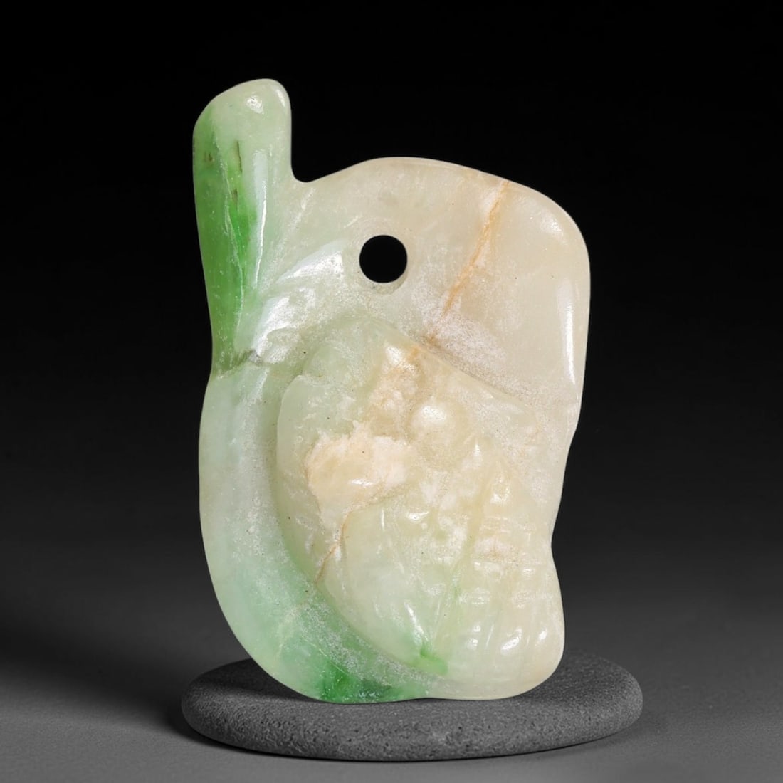 Natural Burmese Type A Jadeite Jade Hand Carved Pendant, 38TC: Artisan hand-carved untreated Burmese Type A jadeite jade pendant measuring 31x18.7 mm. Carefully sculpted with detailed relief craftsmanship and finished with a smooth glossy polish. Authentic Type A