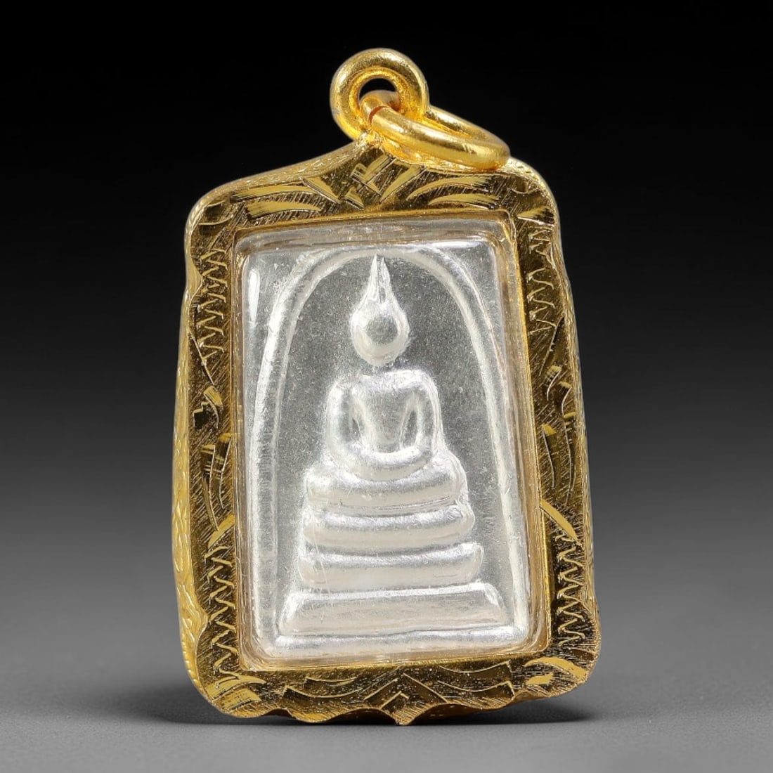 Thai Rectangular Phra Somdej Silver Dual-Sided Gold Plated Metal Casing Amulet, 59YY: Rectangular Thai Phra Somdej Buddha amulet with silver embossed medallion protected by clear transparent cover and wrapped in hand-engraved golden frame. The front features classic layered seated Phra