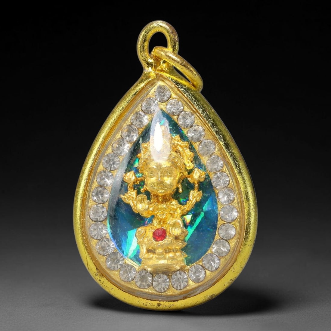 Thai Four-Faced Phra Phrom Dual-Sided Gold Plated Rhinestone Casing Amulet, 73YY: Mini teardrop-shaped Thai Phra Phrom (Four-Faced Buddha) amulet with gold metal core sealed under transparent cover, framed with clear rhinestones inside polished gold-plated metal casing and matching